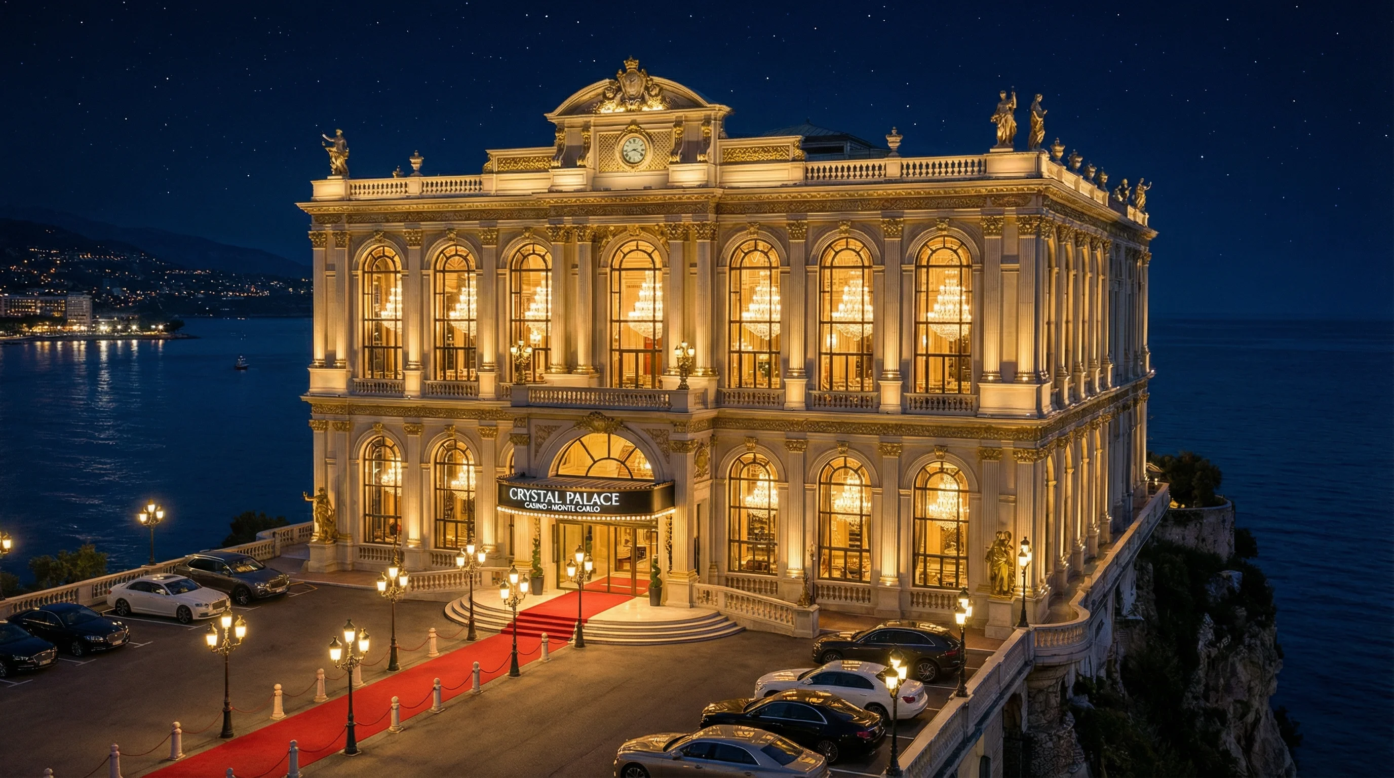 蒙特卡洛夜景下的水晶宫殿，彰显 真人棋牌 的奢华氛围